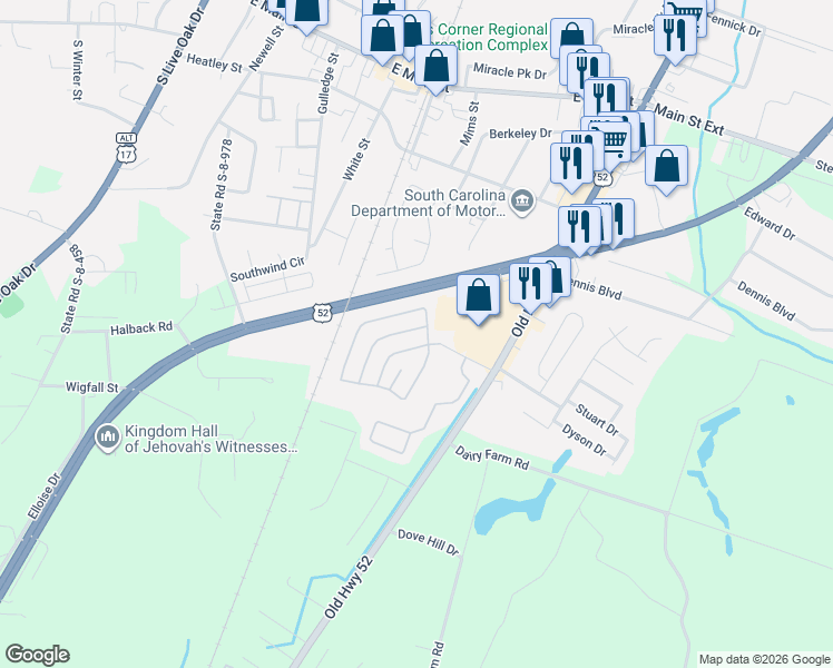 map of restaurants, bars, coffee shops, grocery stores, and more near 429 Birchwood Drive in Moncks Corner