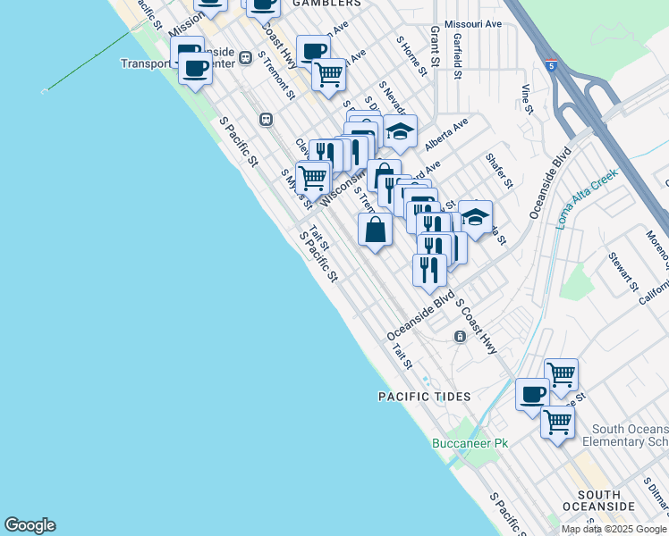map of restaurants, bars, coffee shops, grocery stores, and more near 920 South Pacific Street in Oceanside