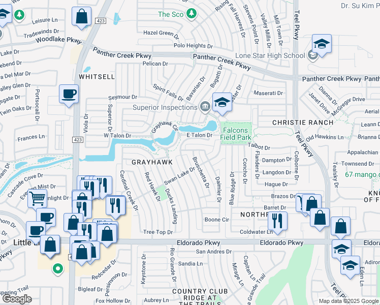 map of restaurants, bars, coffee shops, grocery stores, and more near 12783 Brushetta Drive in Frisco
