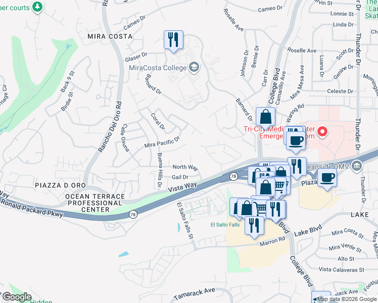 map of restaurants, bars, coffee shops, grocery stores, and more near 3255 Pearl Lane in Oceanside