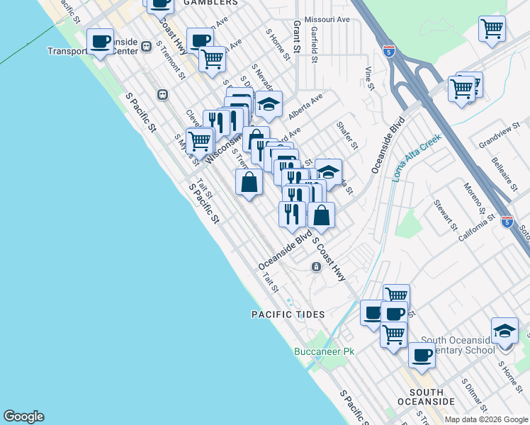 map of restaurants, bars, coffee shops, grocery stores, and more near 1046 South Cleveland Street in Oceanside