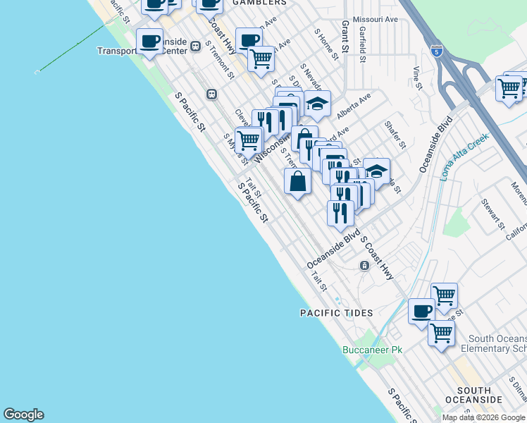 map of restaurants, bars, coffee shops, grocery stores, and more near 920 South Pacific Street in Oceanside