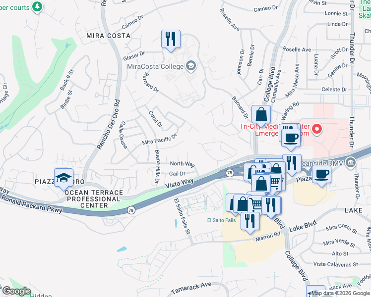 map of restaurants, bars, coffee shops, grocery stores, and more near 3255 Pearl Lane in Oceanside