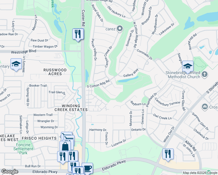map of restaurants, bars, coffee shops, grocery stores, and more near 8617 Stone Hollow Drive in McKinney