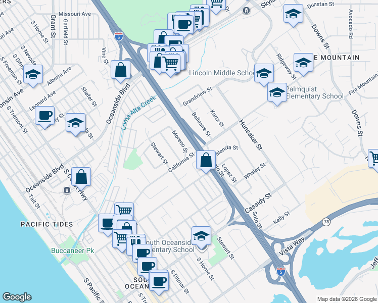 map of restaurants, bars, coffee shops, grocery stores, and more near 1478 Moreno Street in Oceanside