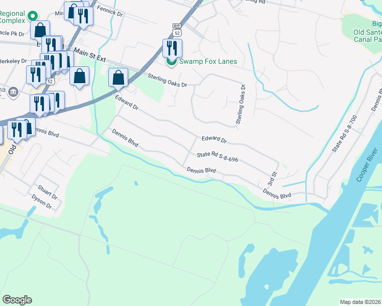 map of restaurants, bars, coffee shops, grocery stores, and more near Old Fort Road in Moncks Corner