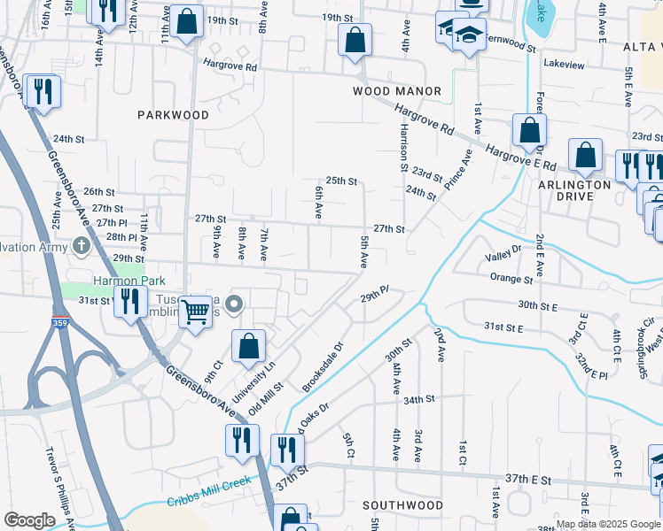 map of restaurants, bars, coffee shops, grocery stores, and more near 2812 5th Avenue in Tuscaloosa