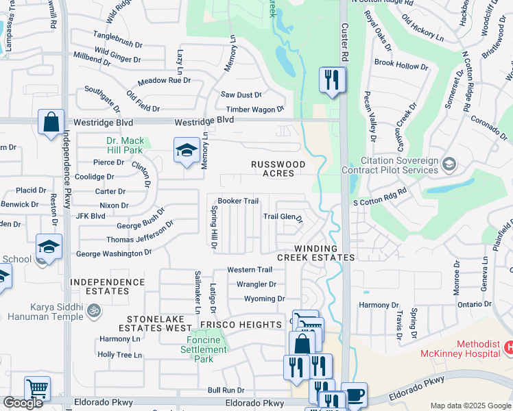 map of restaurants, bars, coffee shops, grocery stores, and more near 13085 Brook Ridge Drive in Frisco