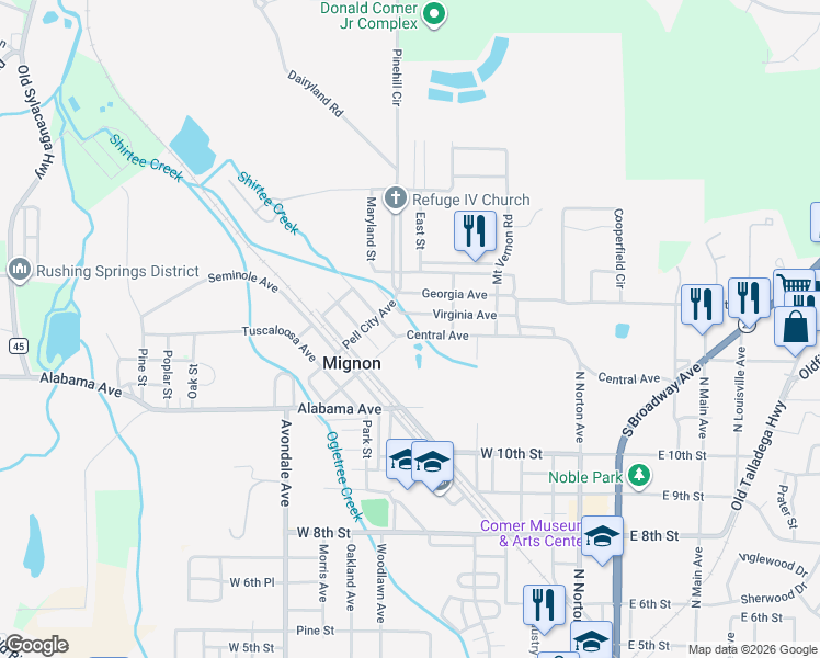 map of restaurants, bars, coffee shops, grocery stores, and more near 13 Creek Street in Sylacauga