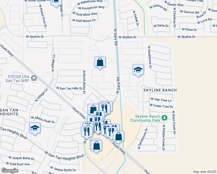 map of restaurants, bars, coffee shops, grocery stores, and more near 1628 West San Tan Hills Drive in Queen Creek