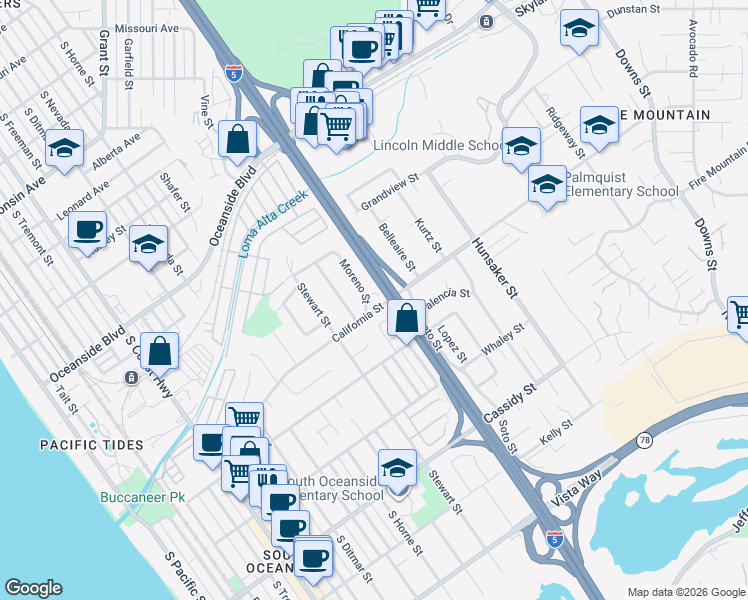 map of restaurants, bars, coffee shops, grocery stores, and more near 1478 Moreno Street in Oceanside