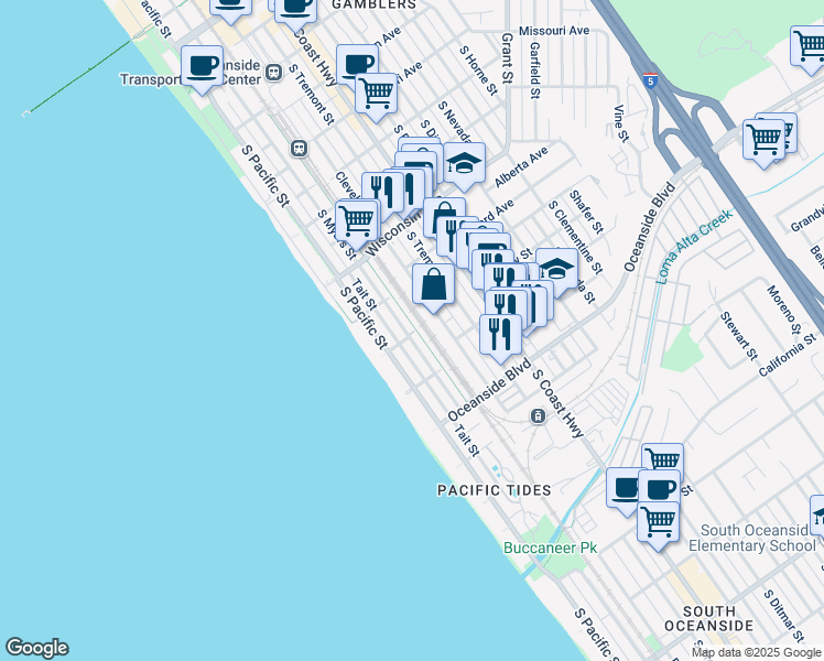 map of restaurants, bars, coffee shops, grocery stores, and more near 1006 South Myers Street in Oceanside
