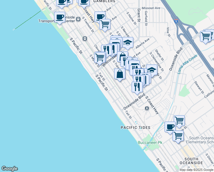 map of restaurants, bars, coffee shops, grocery stores, and more near 920 South Pacific Street in Oceanside