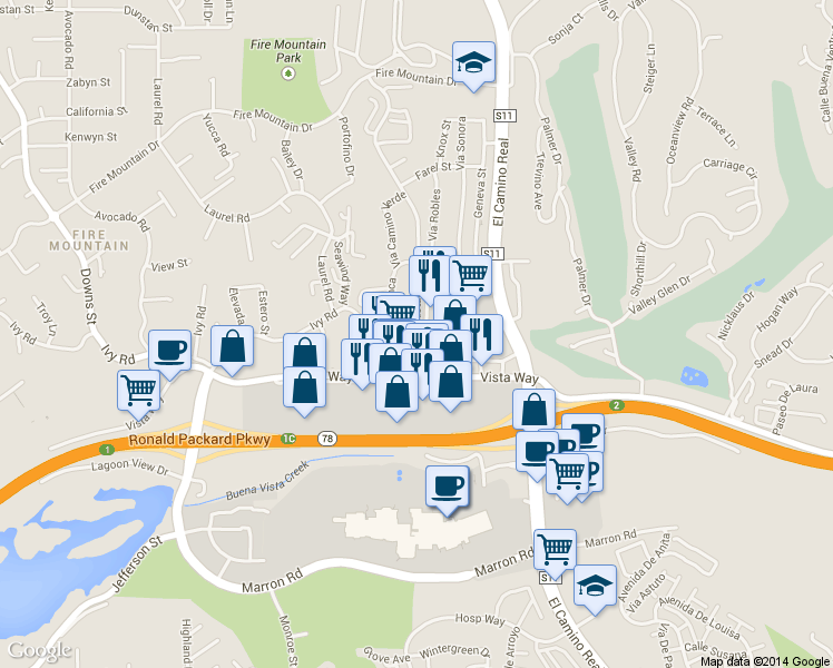 map of restaurants, bars, coffee shops, grocery stores, and more near 2297 Via Esmarca in Oceanside