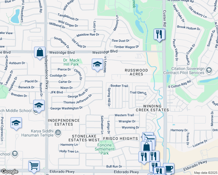 map of restaurants, bars, coffee shops, grocery stores, and more near 13001 Spring Hill Drive in Frisco