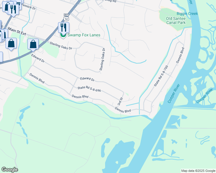 map of restaurants, bars, coffee shops, grocery stores, and more near 1326 Edward Drive in Moncks Corner