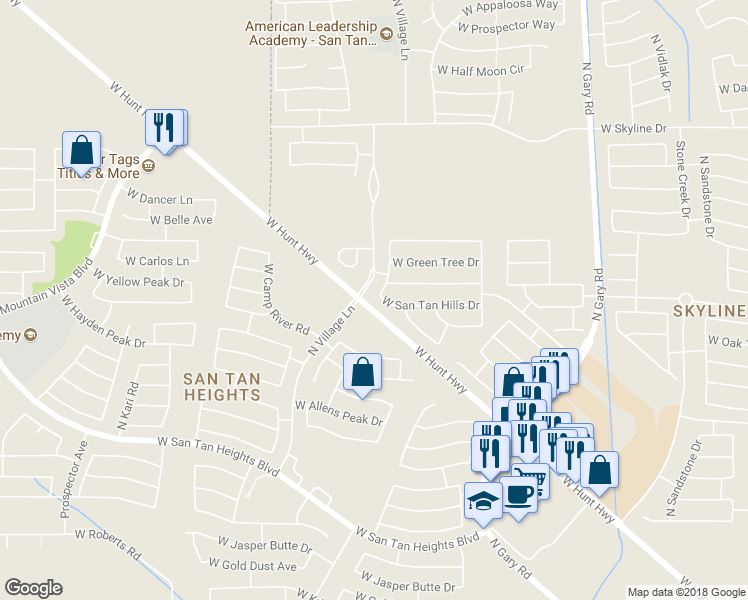 map of restaurants, bars, coffee shops, grocery stores, and more near 2293 West San Tan Hills Drive in Queen Creek