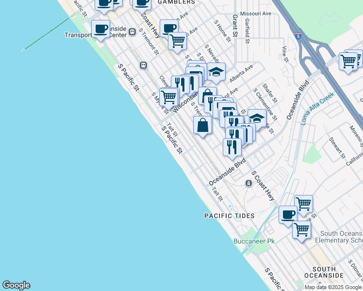 map of restaurants, bars, coffee shops, grocery stores, and more near 920 South Pacific Street in Oceanside