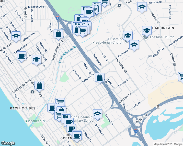 map of restaurants, bars, coffee shops, grocery stores, and more near 1478 Moreno Street in Oceanside