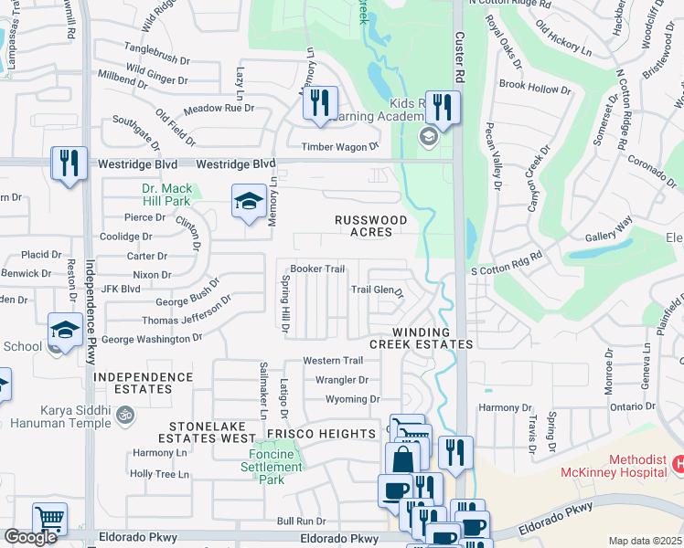 map of restaurants, bars, coffee shops, grocery stores, and more near 13085 Brook Ridge Drive in Frisco
