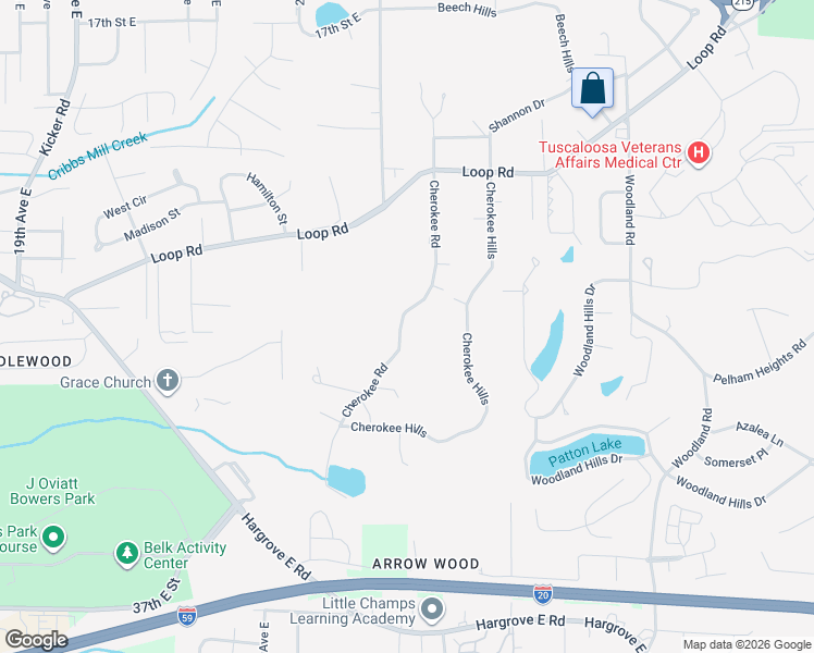 map of restaurants, bars, coffee shops, grocery stores, and more near 50 Cherokee Rd in Tuscaloosa