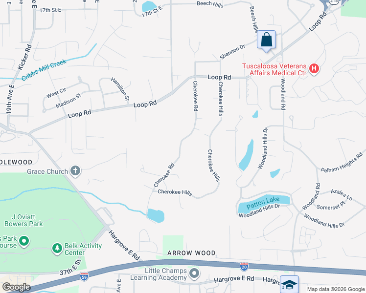 map of restaurants, bars, coffee shops, grocery stores, and more near 50 Cherokee Road in Tuscaloosa