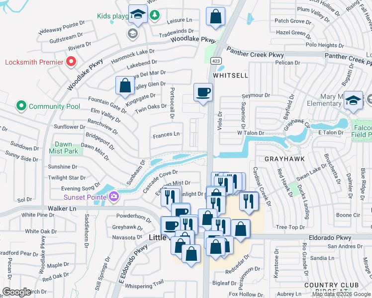 map of restaurants, bars, coffee shops, grocery stores, and more near 2700 Waterton Drive in Little Elm