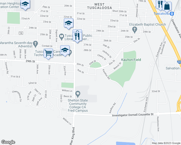 map of restaurants, bars, coffee shops, grocery stores, and more near 2924 Ash Street in Tuscaloosa