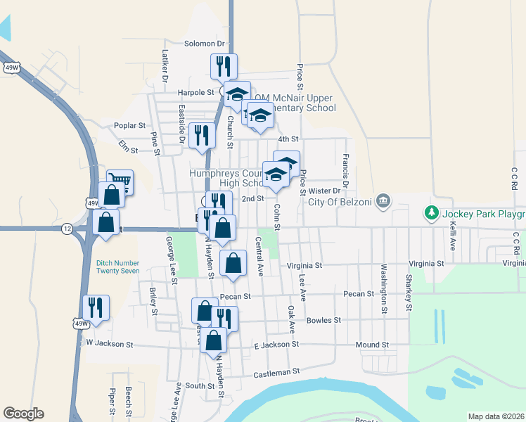 map of restaurants, bars, coffee shops, grocery stores, and more near 610 Central Street in Belzoni
