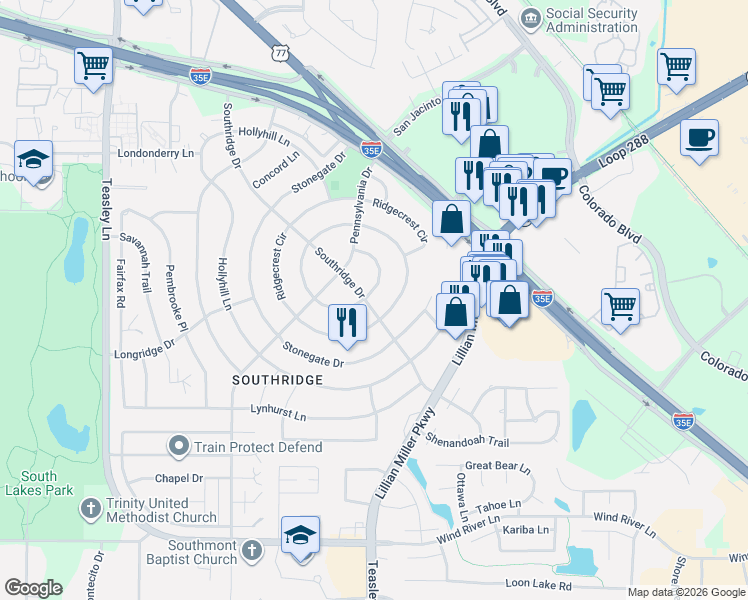 map of restaurants, bars, coffee shops, grocery stores, and more near 2401 Southridge Drive in Denton