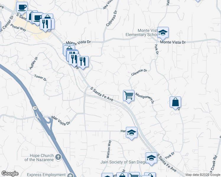 map of restaurants, bars, coffee shops, grocery stores, and more near 1325 Barbara Drive in Vista