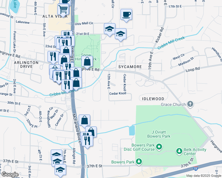 map of restaurants, bars, coffee shops, grocery stores, and more near 18 Elmira Drive in Tuscaloosa
