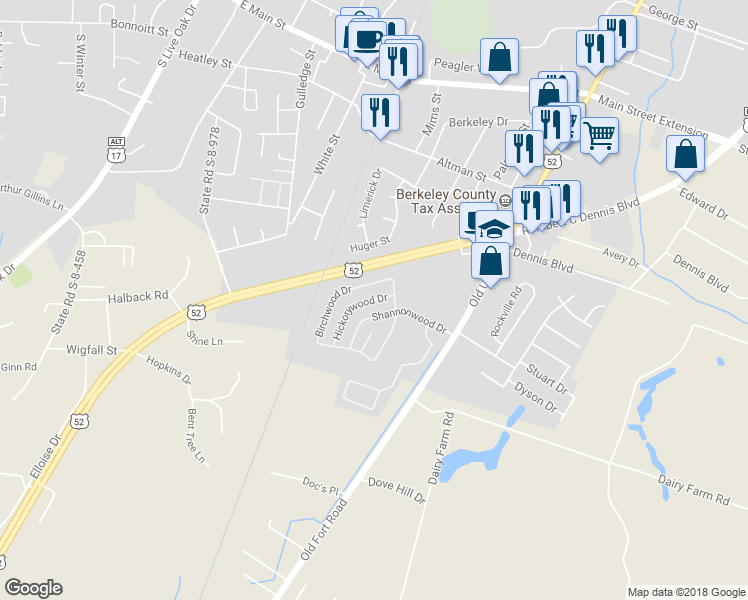 map of restaurants, bars, coffee shops, grocery stores, and more near 312 Hickorywood Drive in Moncks Corner