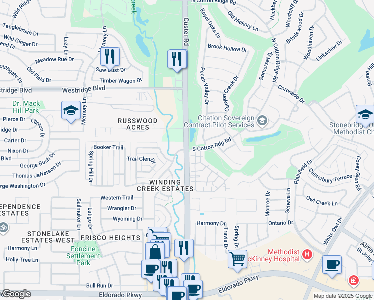 map of restaurants, bars, coffee shops, grocery stores, and more near Custer Rd & Cotton Ridge South Rd in McKinney