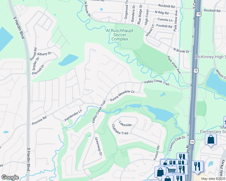 map of restaurants, bars, coffee shops, grocery stores, and more near 2103 Pebble Beach Place in McKinney