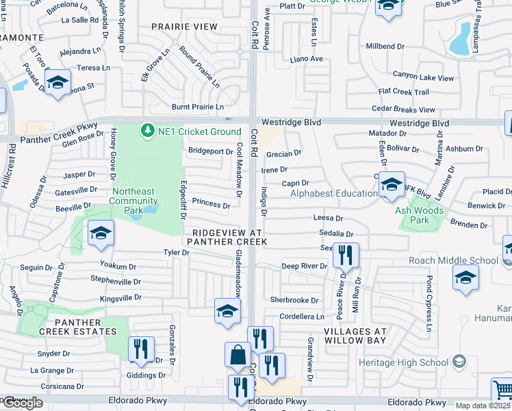 map of restaurants, bars, coffee shops, grocery stores, and more near 2397 Coit Road in McKinney