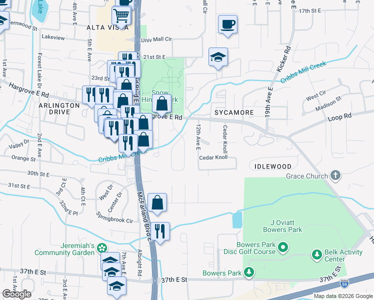 map of restaurants, bars, coffee shops, grocery stores, and more near 68 Brookhaven Drive in Tuscaloosa