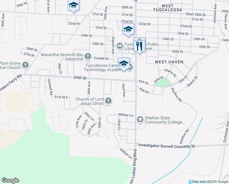 map of restaurants, bars, coffee shops, grocery stores, and more near 2950 33rd Court in Tuscaloosa