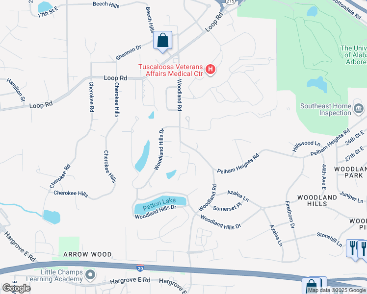 map of restaurants, bars, coffee shops, grocery stores, and more near 2604 Woodland Road in Tuscaloosa