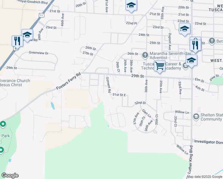 map of restaurants, bars, coffee shops, grocery stores, and more near 3000-3098 Ozment Rd in Tuscaloosa