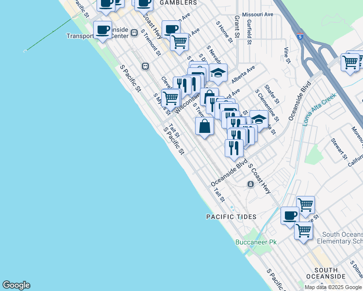map of restaurants, bars, coffee shops, grocery stores, and more near 918 South Pacific Street in Oceanside