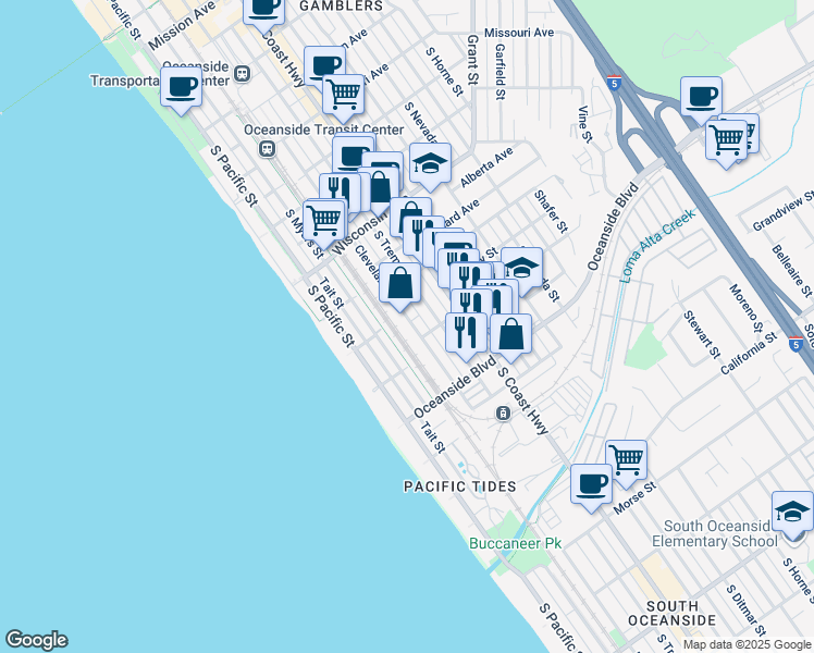 map of restaurants, bars, coffee shops, grocery stores, and more near 1037 South Cleveland Street in Oceanside