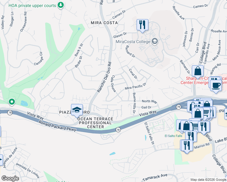 map of restaurants, bars, coffee shops, grocery stores, and more near 3260 Calle Osuna in Oceanside