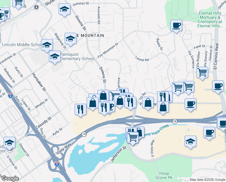 map of restaurants, bars, coffee shops, grocery stores, and more near 1852 Ivy Road in Oceanside