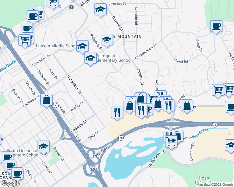 map of restaurants, bars, coffee shops, grocery stores, and more near 1710 Timingo Gate Way in Oceanside