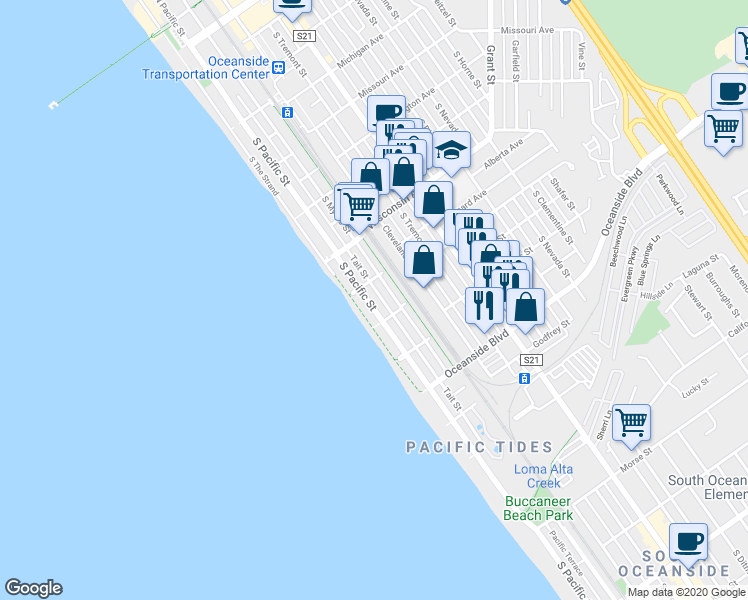 map of restaurants, bars, coffee shops, grocery stores, and more near 920 South Pacific Street in Oceanside