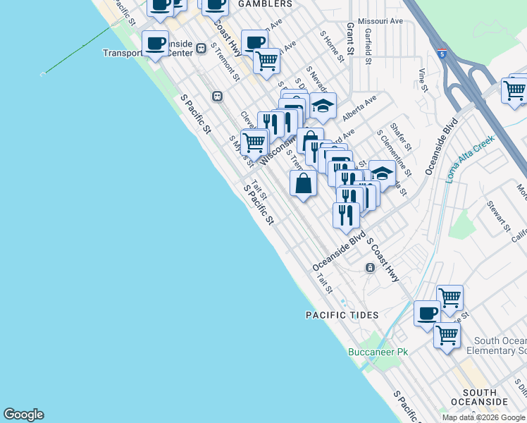 map of restaurants, bars, coffee shops, grocery stores, and more near 920 South Pacific Street in Oceanside