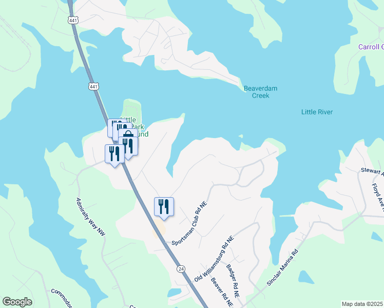 map of restaurants, bars, coffee shops, grocery stores, and more near 146 Sandy Beach Road Northeast in Milledgeville