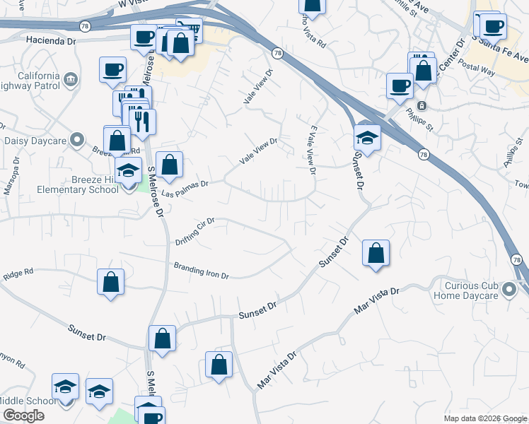 map of restaurants, bars, coffee shops, grocery stores, and more near 867 Vale View Drive in Vista