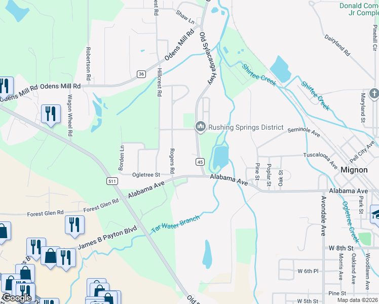 map of restaurants, bars, coffee shops, grocery stores, and more near 109 Old Sylacauga Highway in Sylacauga